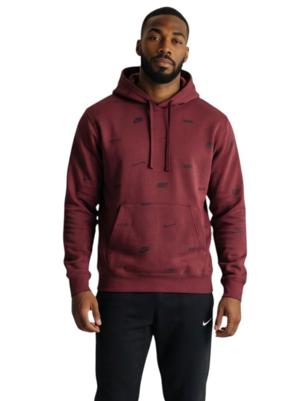 Nike Air Men's 2 PC AOP Sweatsuit Maroon Red Swoosh Logos Fleece Tracksuit Set